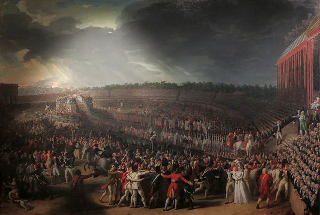 Fête de la Fédération célébrant l’unité de la nation en présence du roi (en haut des marches à droite), le 14 juillet 1790 au Champ-de-Mars, Charles Thévenin
