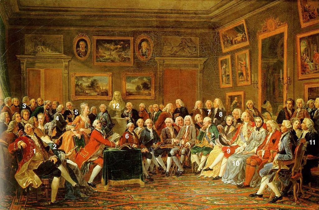 Lecture de L’Orphelin de la Chine, pièce de Voltaire, dans le salon de madame Geoffrin en 1755, Gabriel Lemonnier, huile sur toile, 1812