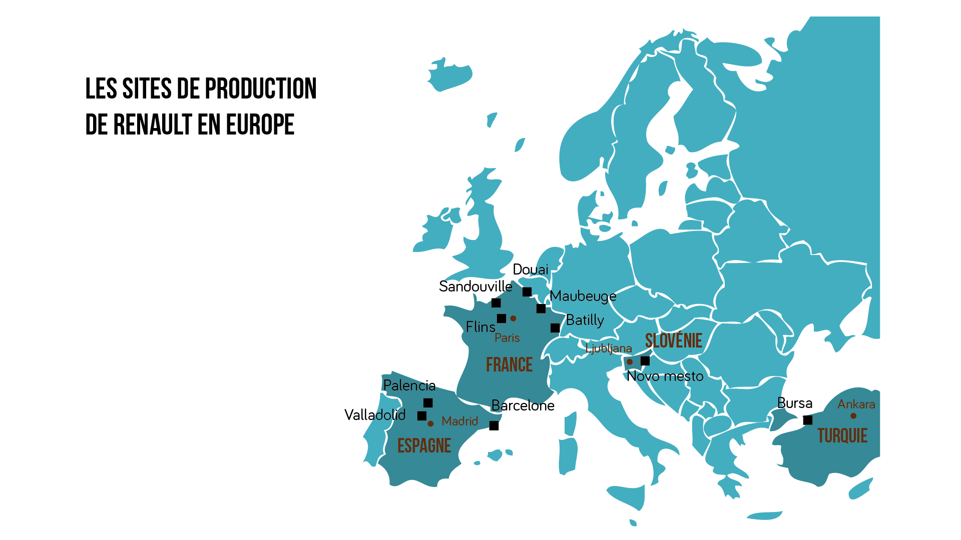 Carte des sites délocalisés du constructeur français Renault
